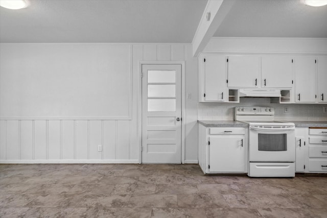 kitchen with backsplash, white cabinetry, under cabinet range hood, and white range with electric stovetop