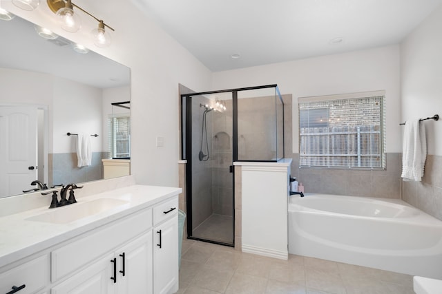 230 Heatherstone Dr, Midlothian, TX 76065 - full bathroom with a bath, vanity, tile patterned floors, and a stall shower