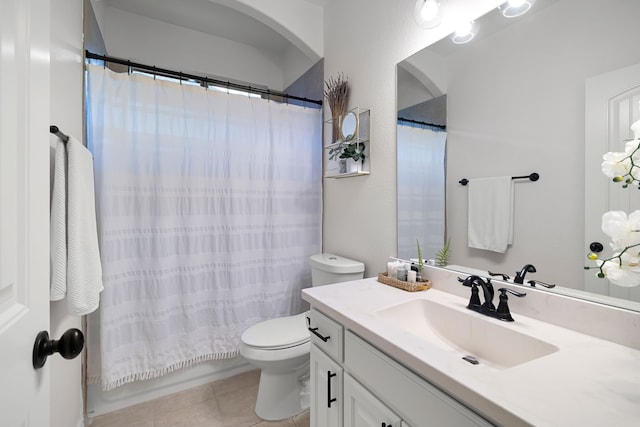 230 Heatherstone Dr, Midlothian, TX 76065 - full bathroom featuring toilet, vanity, tile patterned flooring, and a shower with curtain