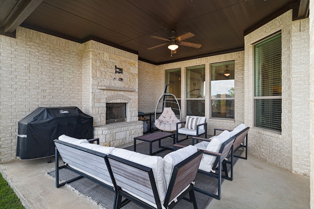 230 Heatherstone Dr, Midlothian, TX 76065 - view of patio / terrace with ceiling fan, an outdoor living space with a fireplace, and grilling area
