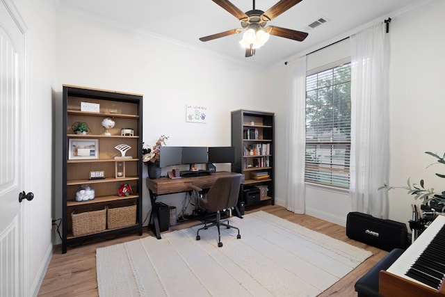 230 Heatherstone Dr, Midlothian, TX 76065 - office area featuring light wood-style floors, a ceiling fan, baseboards, and ornamental molding