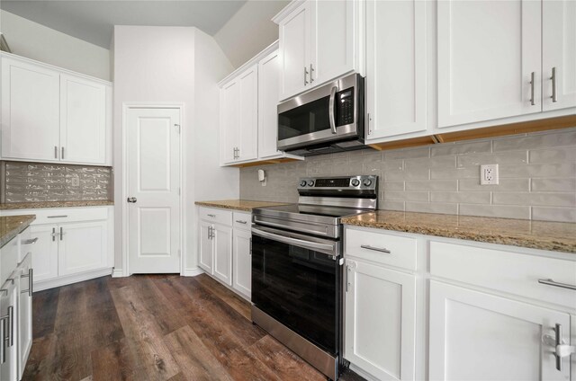 14825 Turtle Creek Ranch Rd, Flint, TX 75762 - kitchen featuring stainless steel appliances, white cabinetry, dark wood-type flooring, and light stone counters