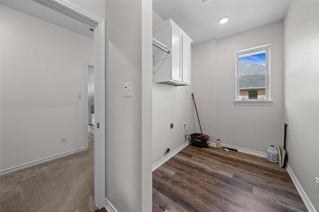 14825 Turtle Creek Ranch Rd, Flint, TX 75762 - clothes washing area with cabinet space, baseboards, dark wood finished floors, hookup for an electric dryer, and recessed lighting
