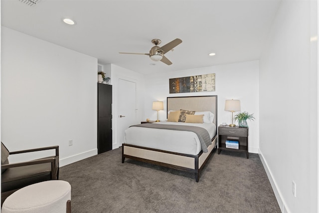 bedroom with recessed lighting, ceiling fan, baseboards, and carpet