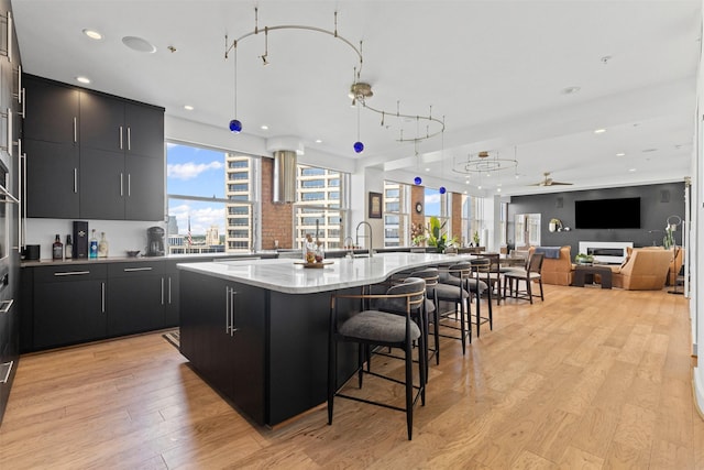 kitchen featuring open floor plan, a large island, light wood finished floors, a kitchen bar, and dark cabinets