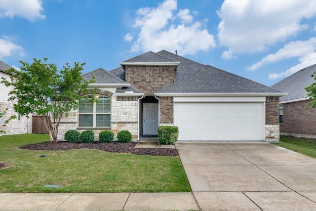 view of front of house with stone siding, concrete driveway, roof with shingles, and a garage