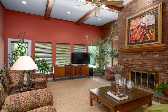 401 Cove Cir, Mckinney, TX 75071 - living area with baseboards, recessed lighting, beamed ceiling, and ceiling fan