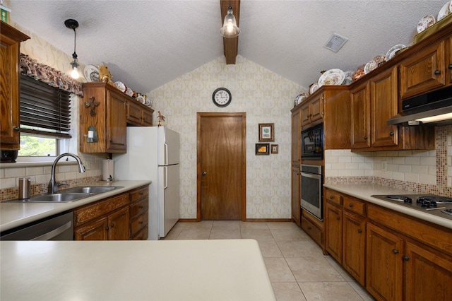 401 Cove Cir, Mckinney, TX 75071 - kitchen featuring backsplash, vaulted ceiling with beams, a sink, and dishwasher