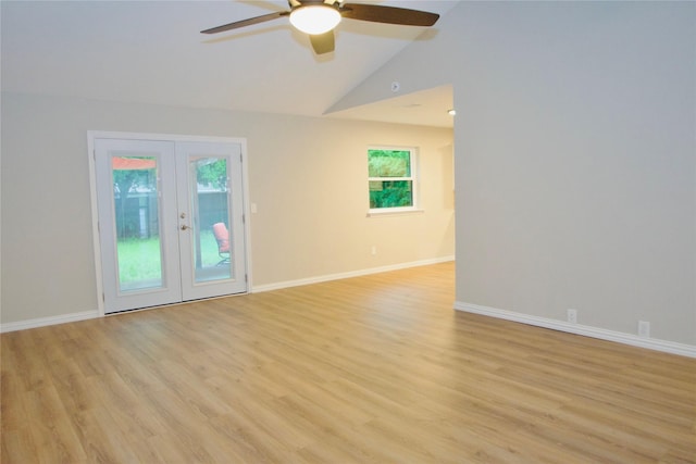 416 Rolling Hills Dr, Aledo, TX 76008 - empty room featuring ceiling fan, french doors, light wood-style floors, baseboards, and high vaulted ceiling