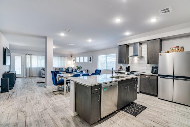 527 Whitney Ln, Lavon, TX 75166 - kitchen featuring a sink, open floor plan, stainless steel appliances, wall chimney exhaust hood, and visible vents