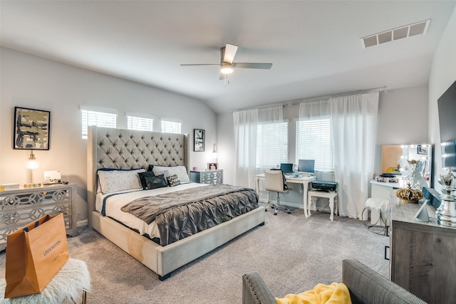527 Whitney Ln, Lavon, TX 75166 - carpeted bedroom featuring vaulted ceiling, visible vents, and ceiling fan
