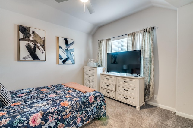 527 Whitney Ln, Lavon, TX 75166 - bedroom featuring light colored carpet, lofted ceiling, a ceiling fan, and baseboards