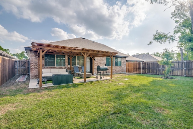 527 Whitney Ln, Lavon, TX 75166 - back of house with outdoor lounge area, a pergola, a fenced backyard, a patio area, and brick siding