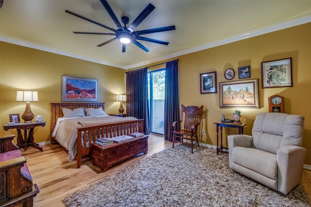 5713 Pershing Ave, Fort Worth, TX 76107 - bedroom with wood finished floors, a ceiling fan, crown molding, baseboards, and access to outside