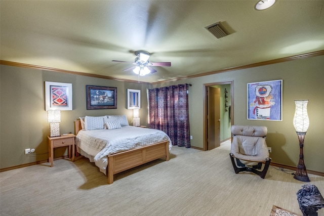 5713 Pershing Ave, Fort Worth, TX 76107 - bedroom featuring a ceiling fan, crown molding, baseboards, carpet flooring, and visible vents