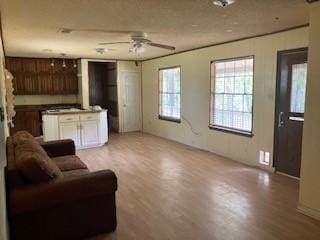 living room featuring a ceiling fan and light wood-type flooring