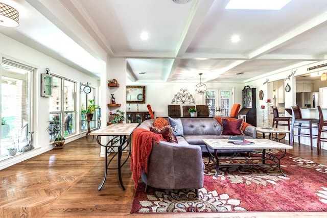 717 Cliffside Dr, Richardson, TX 75080 - living area featuring ornamental molding, beamed ceiling, coffered ceiling, and wood finished floors