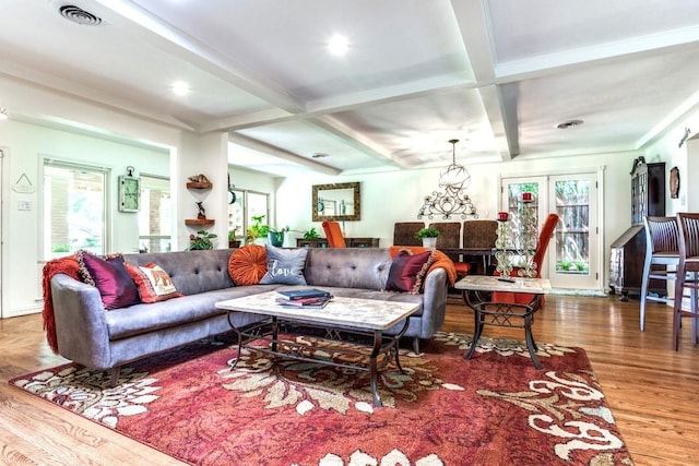 717 Cliffside Dr, Richardson, TX 75080 - living room featuring wood finished floors, coffered ceiling, plenty of natural light, beam ceiling, and recessed lighting