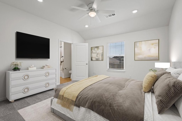 bedroom with recessed lighting, connected bathroom, ceiling fan, visible vents, and vaulted ceiling