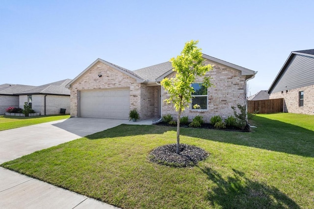view of front of house featuring fence, a front lawn, concrete driveway, and an attached garage