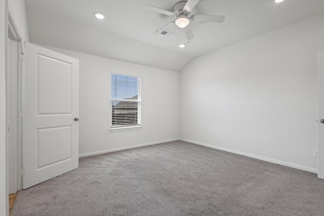 spare room with ceiling fan, recessed lighting, baseboards, and carpet floors