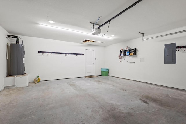 garage featuring a garage door opener, electric panel, and electric water heater
