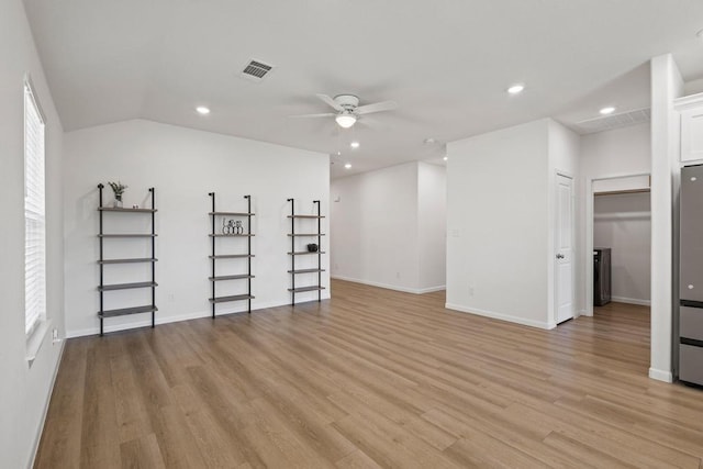 unfurnished room featuring visible vents, ceiling fan, recessed lighting, and light wood-style flooring
