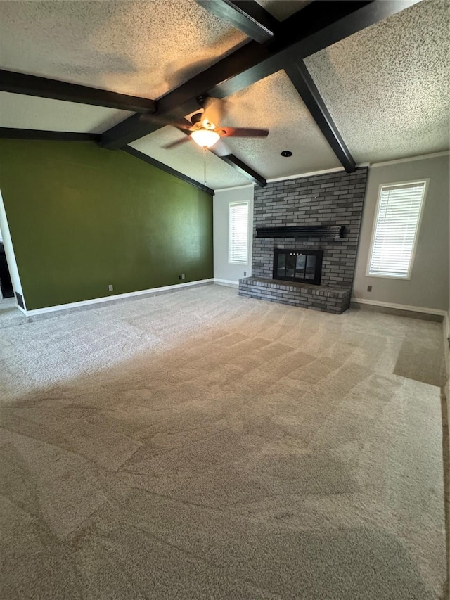 3401 89th St, Lubbock, TX 79423 - unfurnished living room with carpet flooring, a textured ceiling, a ceiling fan, and a brick fireplace