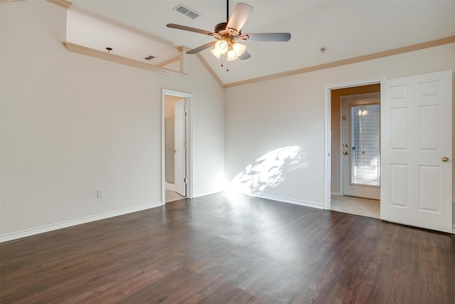 empty room featuring vaulted ceiling, a ceiling fan, ornamental molding, dark wood-type flooring, and visible vents