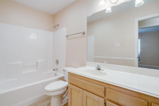 bathroom featuring tile patterned flooring, toilet, vanity, and shower / tub combination
