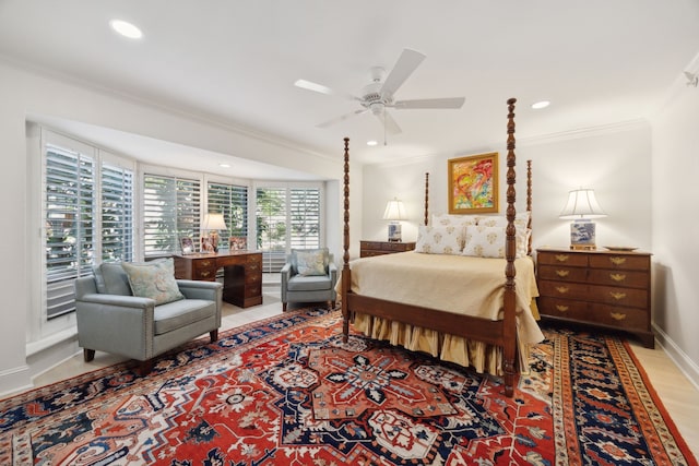4242 Lomo Alto Dr Unit N12, Highland Park, TX 75219 - bedroom featuring ornamental molding, recessed lighting, baseboards, a ceiling fan, and wood finished floors