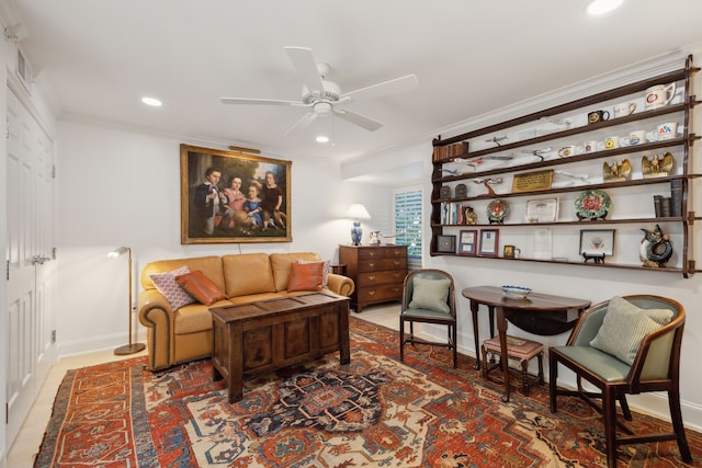 4242 Lomo Alto Dr Unit N12, Highland Park, TX 75219 - living room featuring baseboards, ornamental molding, a ceiling fan, and recessed lighting