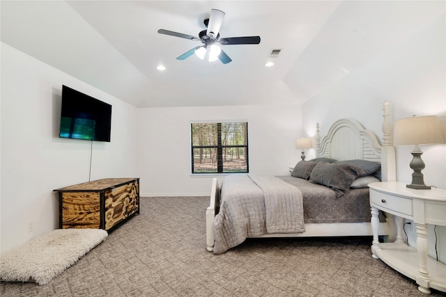 bedroom featuring visible vents, recessed lighting, lofted ceiling, a ceiling fan, and carpet floors