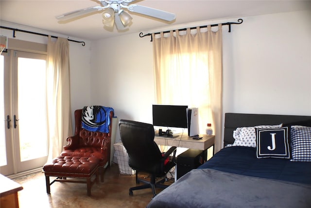 bedroom with finished concrete flooring and a ceiling fan