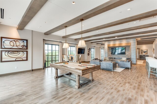 rec room with recessed lighting, light wood-style floors, beam ceiling, pool table, and baseboards