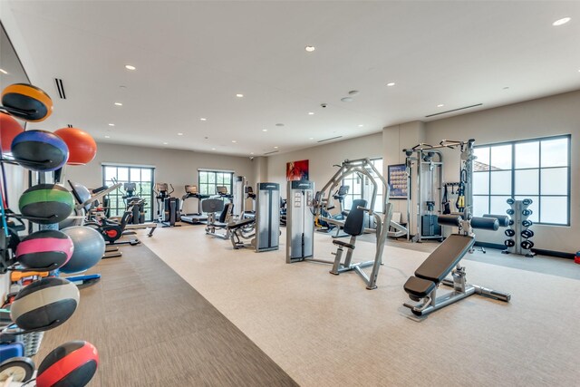 gym with recessed lighting and carpet flooring