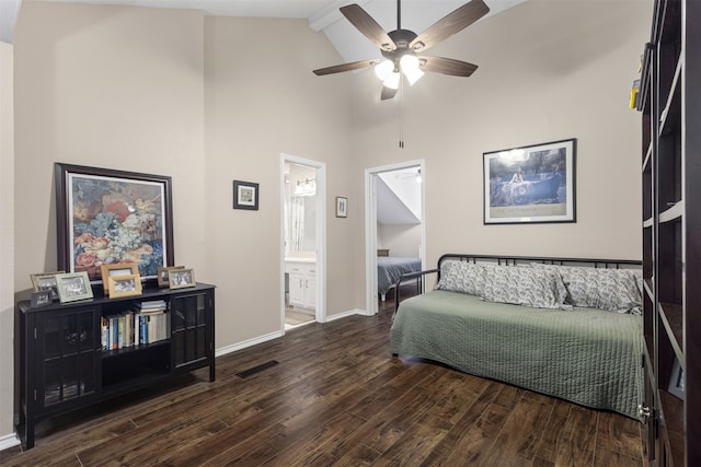 living area featuring wood finished floors, a ceiling fan, beamed ceiling, baseboards, and high vaulted ceiling