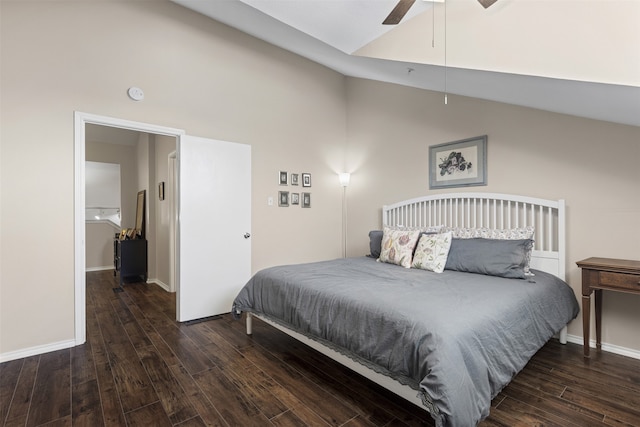 bedroom with high vaulted ceiling, baseboards, a ceiling fan, and wood finished floors