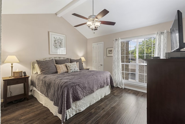 bedroom with lofted ceiling with beams, baseboards, ceiling fan, and dark wood-style floors