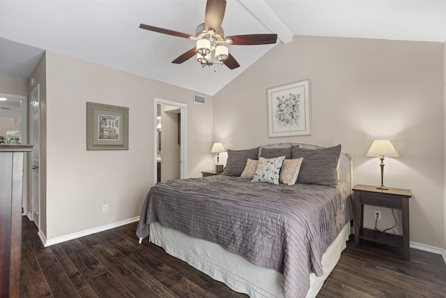 bedroom featuring wood finished floors, vaulted ceiling with beams, ceiling fan, baseboards, and visible vents