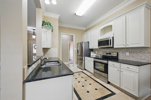 kitchen with appliances with stainless steel finishes, a sink, light tile patterned floors, backsplash, and ornamental molding