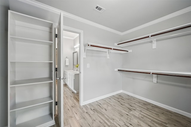 walk in closet with light wood-style flooring and visible vents