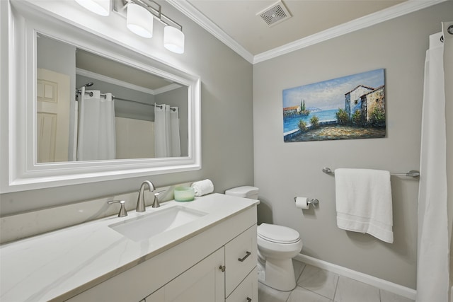 full bath featuring crown molding, visible vents, vanity, toilet, and baseboards