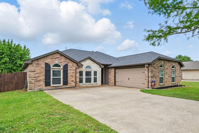 view of front of property with fence, a front lawn, brick siding, a garage, and driveway