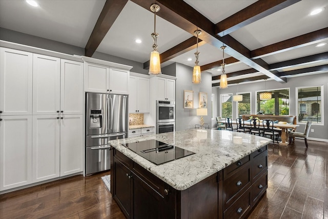 992 Anna Cade Rd, Rockwall, TX 75087 - kitchen featuring appliances with stainless steel finishes, white cabinets, beam ceiling, dark wood-style floors, and recessed lighting