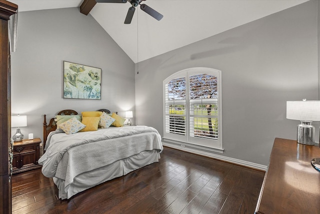 992 Anna Cade Rd, Rockwall, TX 75087 - bedroom with high vaulted ceiling, wood-type flooring, beam ceiling, baseboards, and a ceiling fan