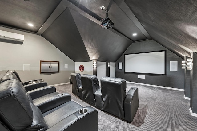 992 Anna Cade Rd, Rockwall, TX 75087 - home theater featuring an AC wall unit, carpet floors, baseboards, vaulted ceiling, and recessed lighting