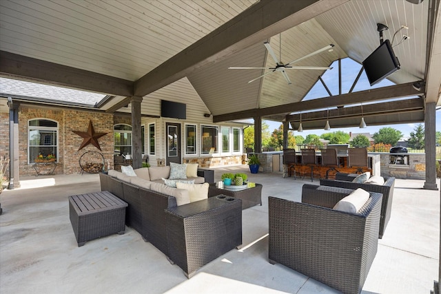992 Anna Cade Rd, Rockwall, TX 75087 - view of patio / terrace with an outdoor living space, exterior kitchen, exterior bar, a gazebo, and ceiling fan