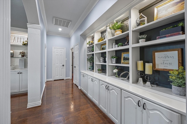 992 Anna Cade Rd, Rockwall, TX 75087 - hall featuring crown molding, dark wood-style flooring, baseboards, and recessed lighting