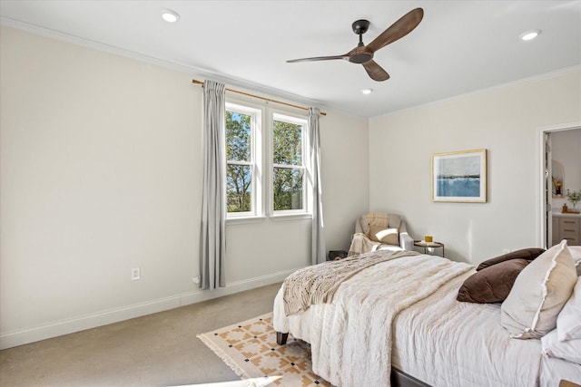 195 Lookout Pt, Stephenville, TX 76401 - bedroom featuring crown molding, light carpet, baseboards, recessed lighting, and ceiling fan